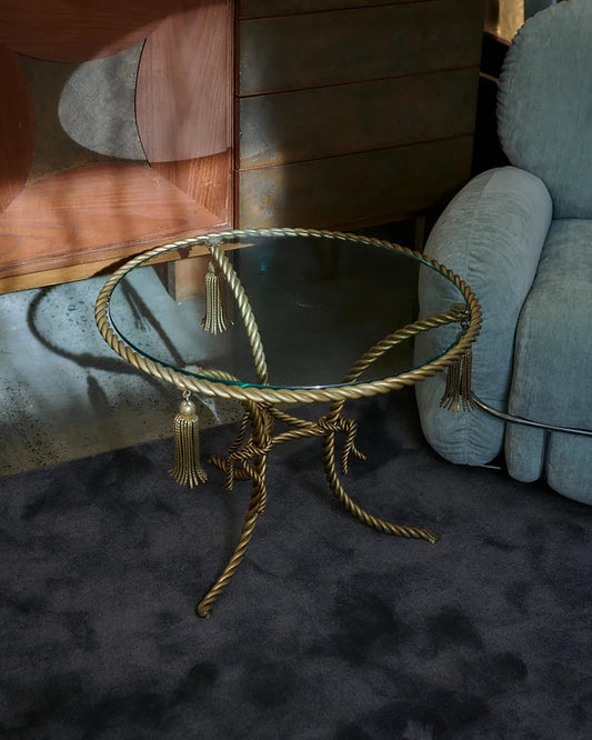 METAL TASSEL ROPE TABLE w. GLASS TOP