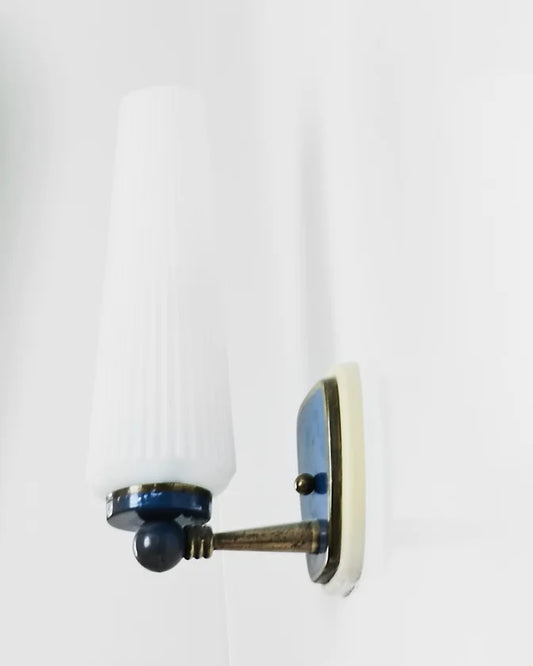 TRIO OF BRASS ART DECO SCONCES w. BLUE DETAIL