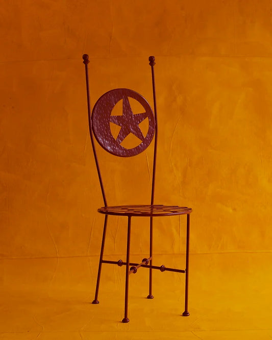 PAIR OF RED WROUGHT IRON STAR CHAIRS
