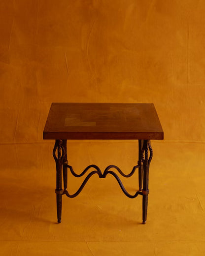 PARQUETRY SIDE TABLE w. IRON BASE