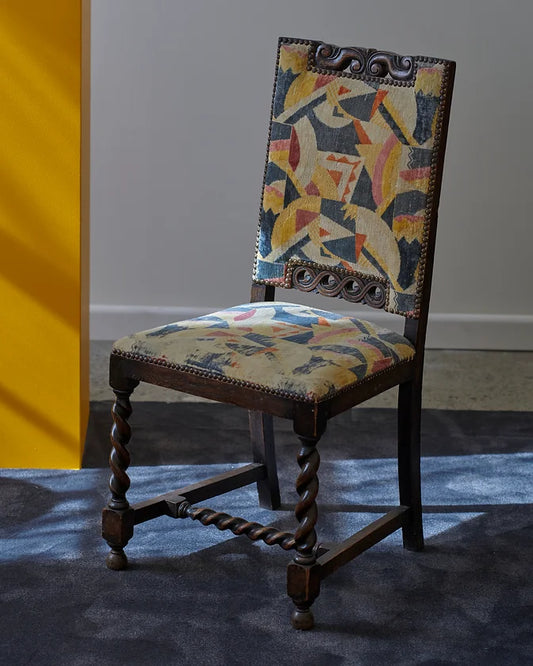 JACOBEAN STYLE PAIR OF OAK SIDE CHAIRS w. ORIGINAL UPHOLSTERY