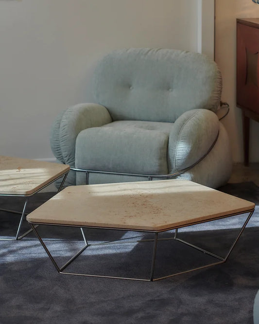TWIN TRAVERTINE HEXAGONAL COFFEE TABLES w. CHROME BASE
