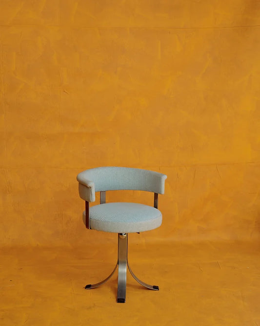 PAIR OF STAINLESS STEEL SWIVEL CHAIRS w. C&C UPHOLSTERY