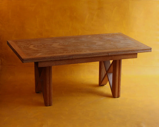 OAK EXTENDABLE DINING TABLE w. WHITE WASHED PARQUETRY TOP