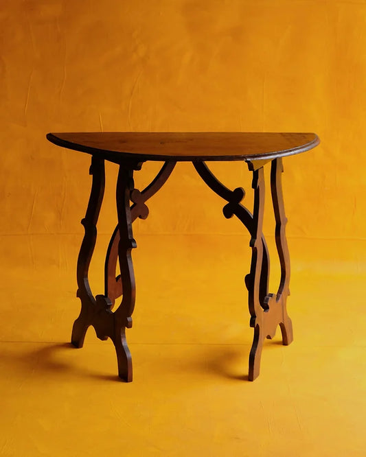 PAIR OF SPANISH DARK WALNUT DEMI-LUNE CONSOLE TABLES