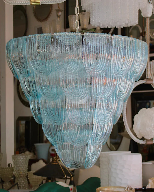 FIVE TIERED BLUE MURANO CURVED GLASS CHANDELIER