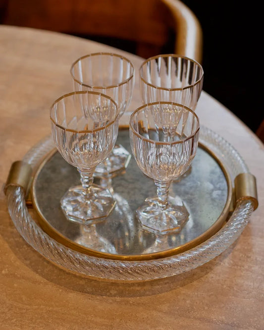 SET OF FOUR GOLD RIM GLASS WINE STEMS