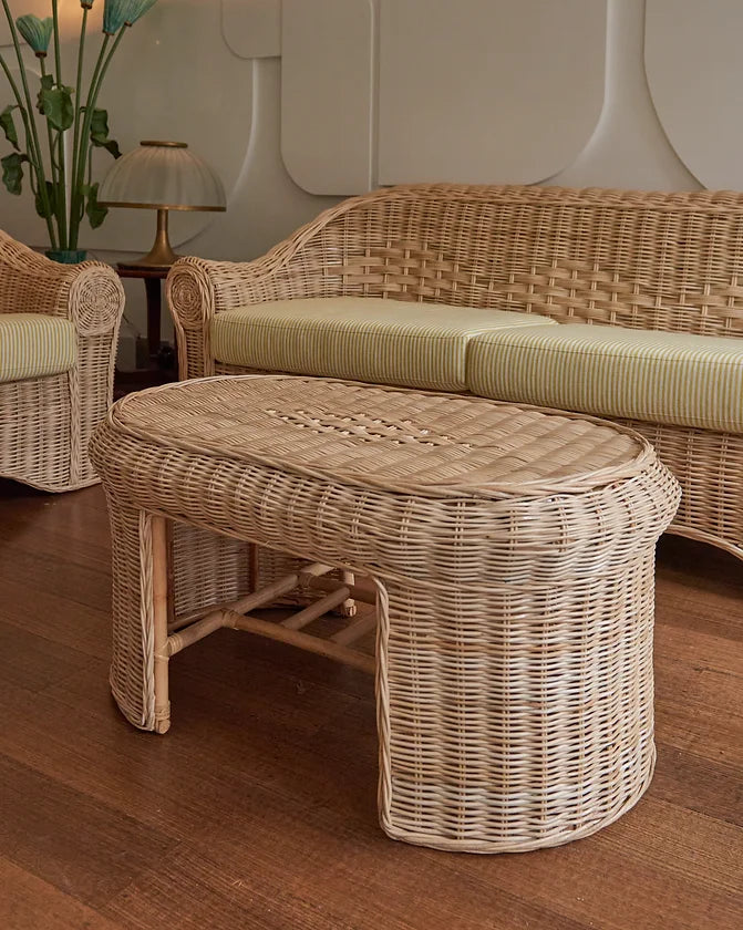 WOVEN CANE SETTING w. PIERRE FREY LINEN UPHOLSTERY