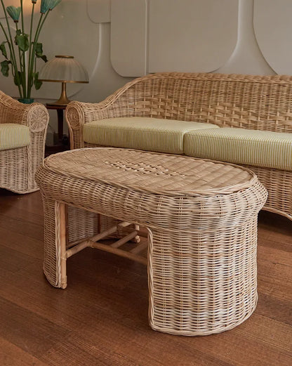 WOVEN CANE SETTING w. PIERRE FREY LINEN UPHOLSTERY