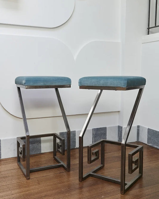 GREEK KEY BAR STOOLS w. BLUE VELVET