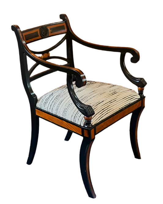 SET OF SIX EBONIZED REGENCY CHAIRS w. COLOR FIELD UPHOLSTERY