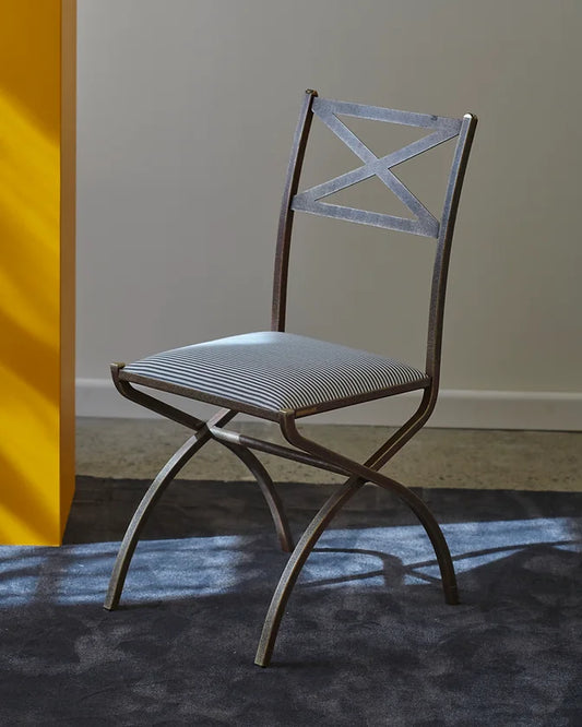 SET OF FOUR OUTDOOR DINING CHAIRS w. STRIPED UPHOLSTERY