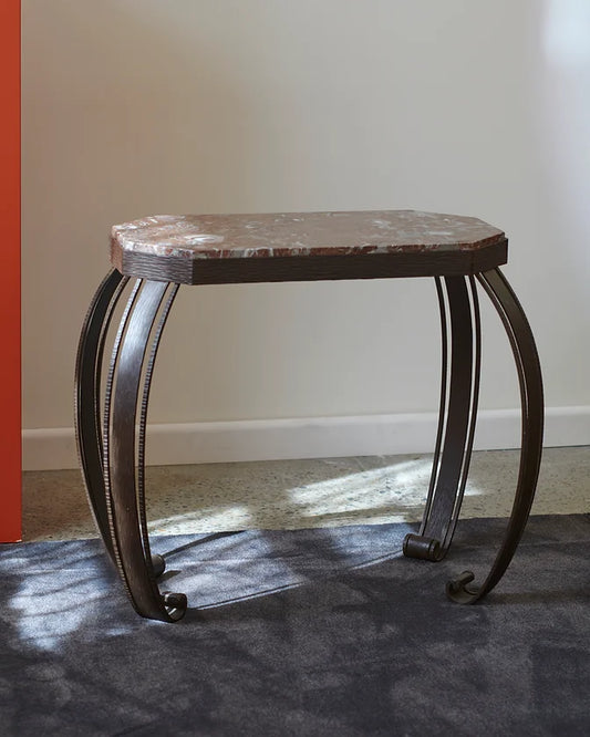 CURVED IRON LEG MARBLE SIDE TABLE w. HANDMADE MARKINGS