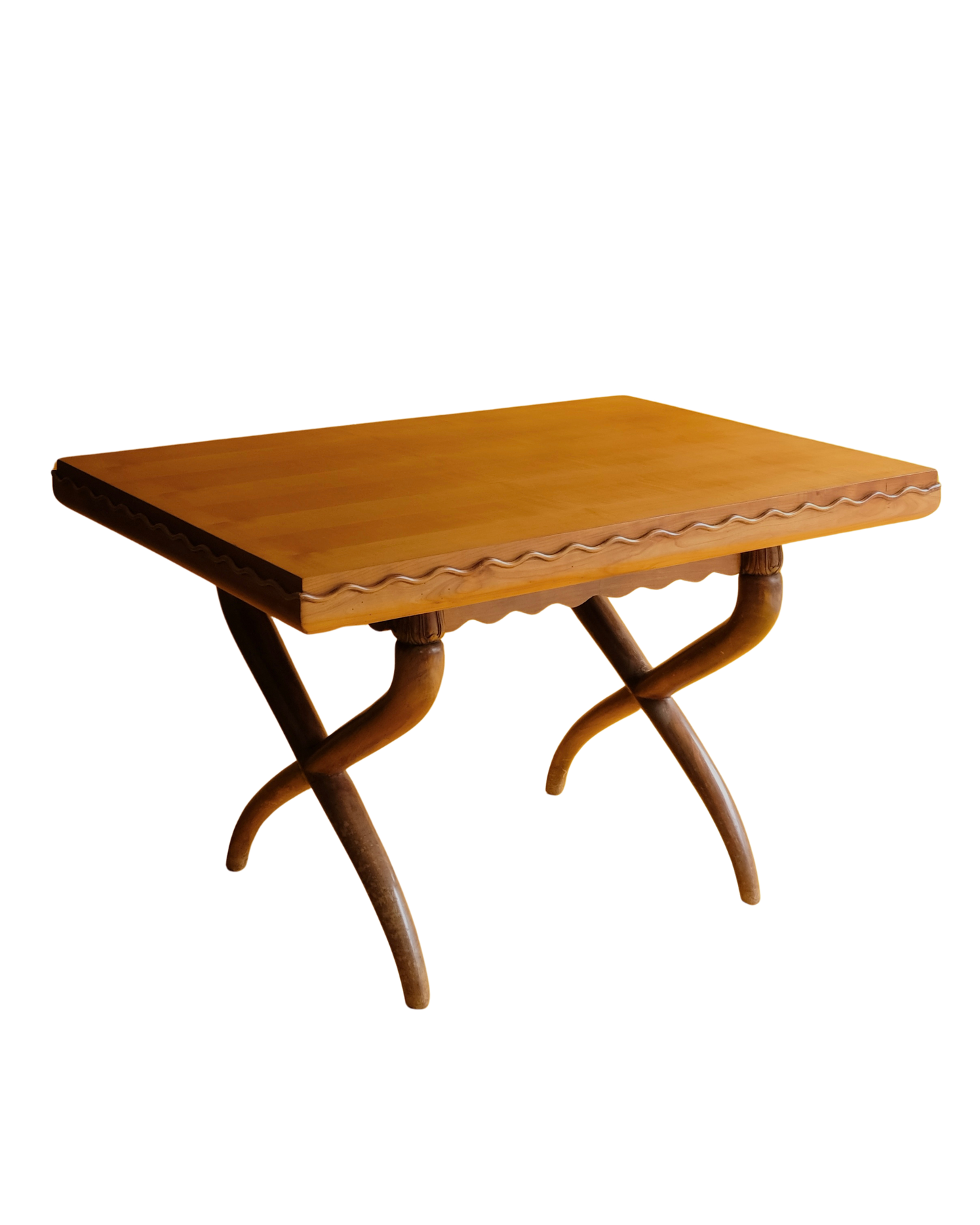 HAND CARVED CROSS LEG TABLE w. WAVE EDGE DETAIL