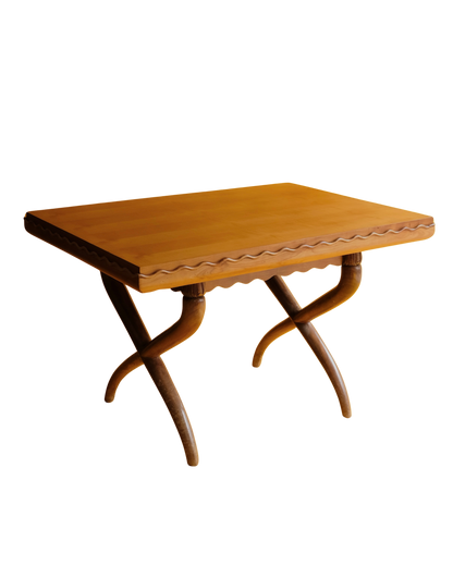 HAND CARVED CROSS LEG TABLE w. WAVE EDGE DETAIL