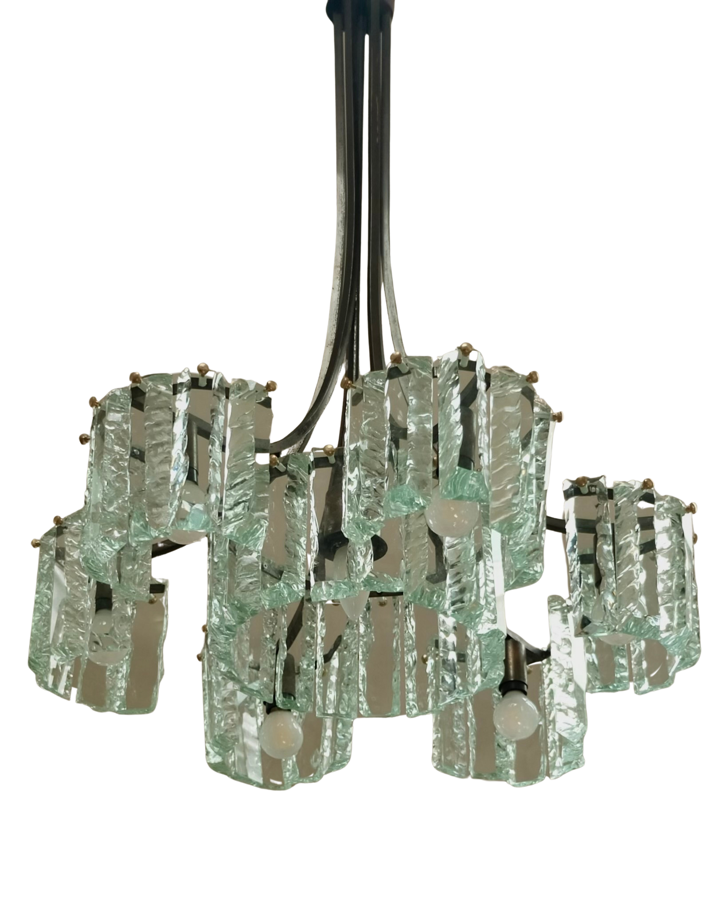 FONTANA ARTE SIX ARM PENDANT w. HAND CARVED GLASS SHADES