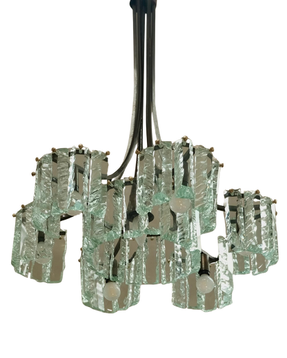 FONTANA ARTE SIX ARM PENDANT w. HAND CARVED GLASS SHADES