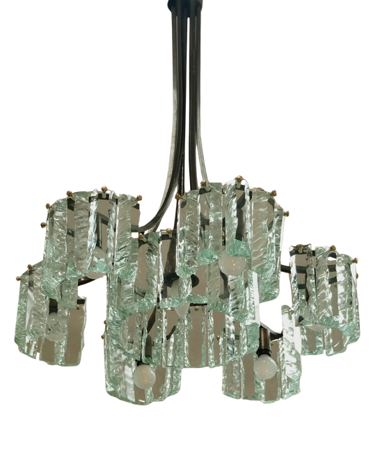 FONTANA ARTE SIX ARM PENDANT w. HAND CARVED GLASS SHADES