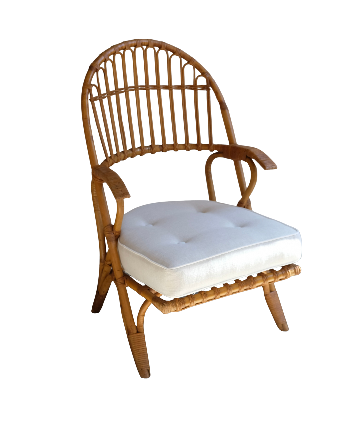 PAIR OF CANE ARM CHAIRS w. CONTRAST CUSHIONS