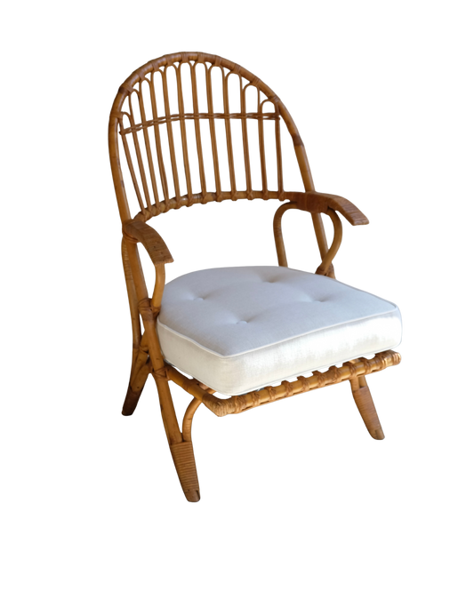PAIR OF CANE ARM CHAIRS w. CONTRAST CUSHIONS