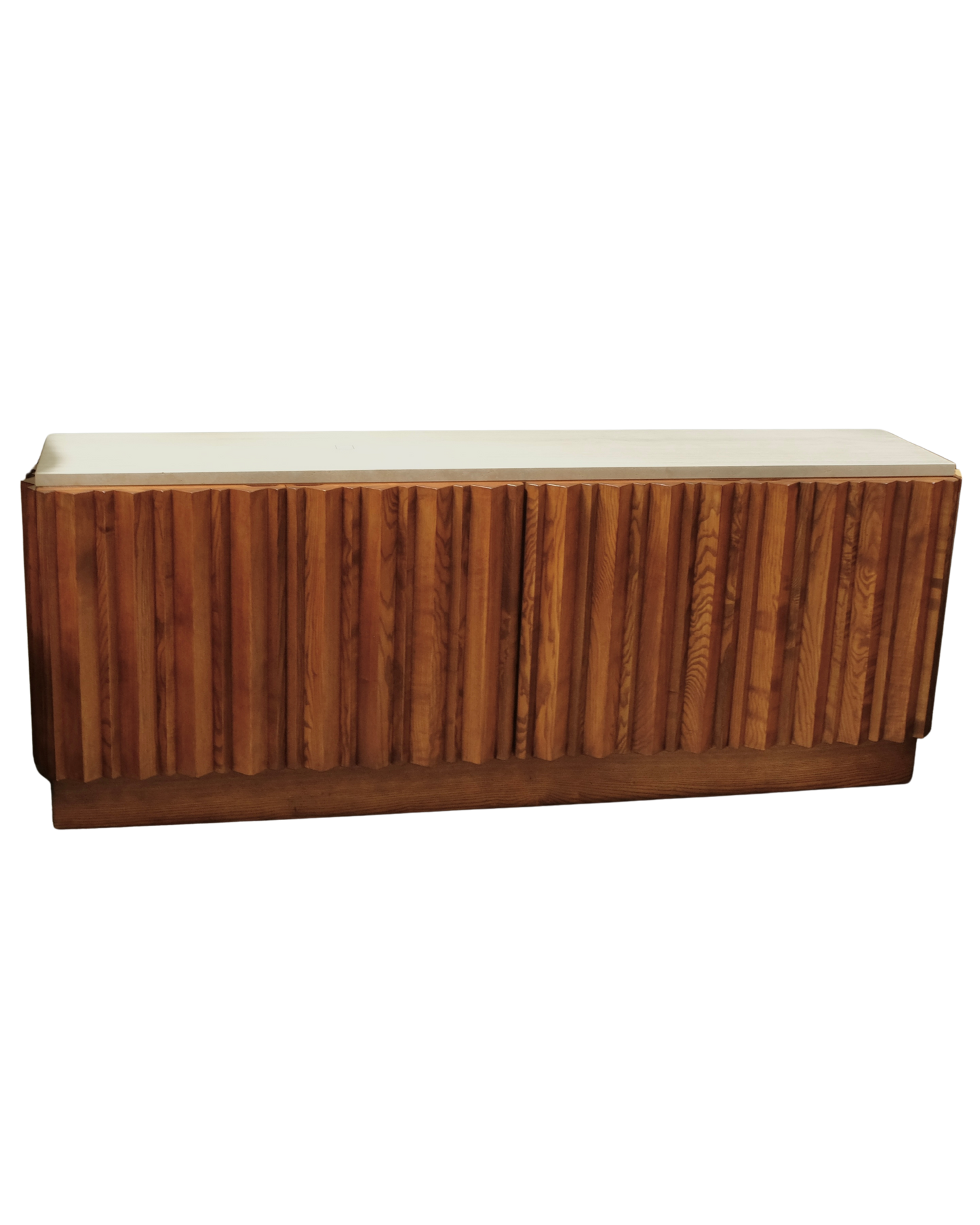 MODERNIST TEAK LINED CONSOLE w. TRAVERTINE TOP