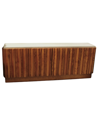 MODERNIST TEAK LINED CONSOLE w. TRAVERTINE TOP