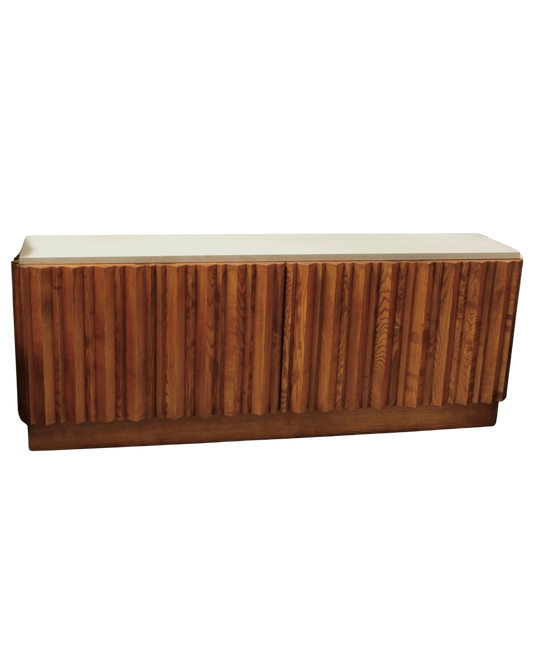 MODERNIST TEAK LINED CONSOLE w. TRAVERTINE TOP
