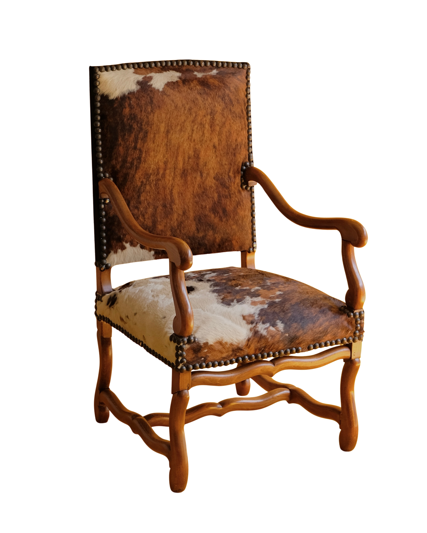 PAIR OF SPANISH WALNUT & COW HIDE ARMCHAIRS