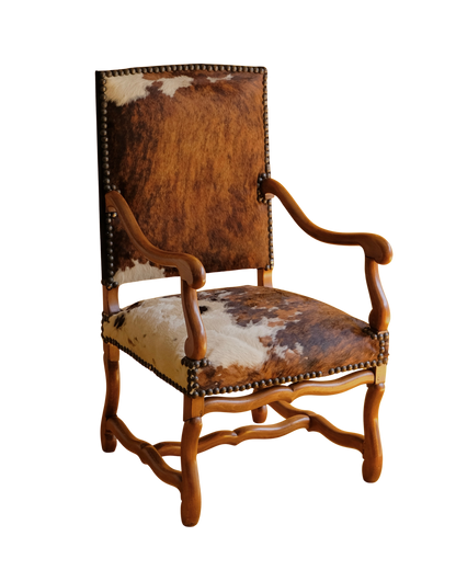 PAIR OF SPANISH WALNUT & COW HIDE ARMCHAIRS