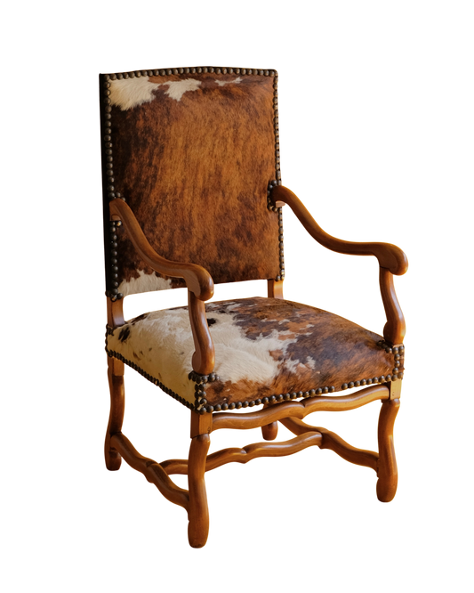 PAIR OF SPANISH WALNUT & COW HIDE ARMCHAIRS