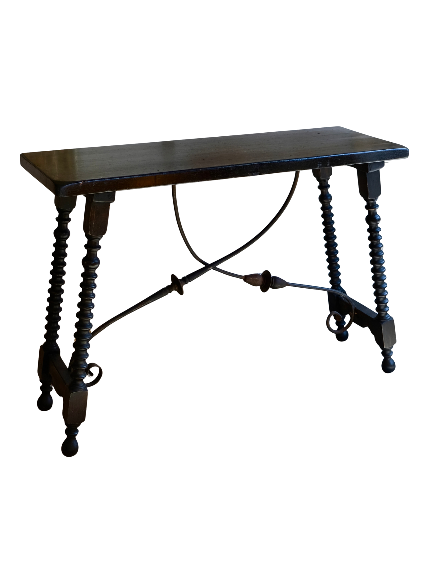 SPANISH EBONIZED CONSOLE w. WROUGHT IRON CROSS BRACE