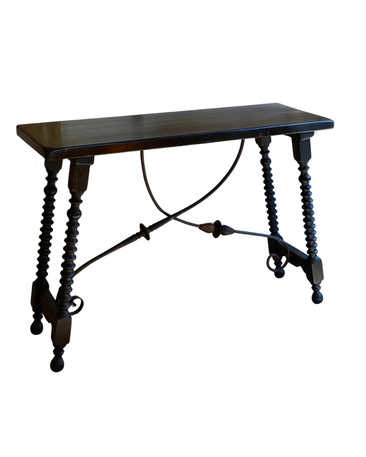 SPANISH EBONIZED CONSOLE w. WROUGHT IRON CROSS BRACE