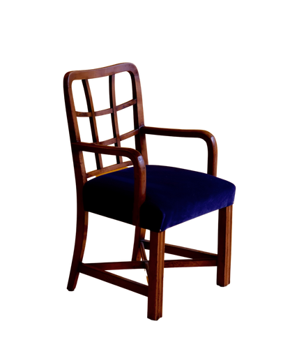 FRENCH WOODEN DINING CHAIRS w. UPHOLSTERED NAVY BLUE VELVET SEAT