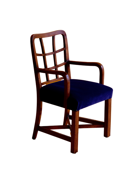 FRENCH WOODEN DINING CHAIR w. UPHOLSTERED NAVY BLUE VELVET SEAT
