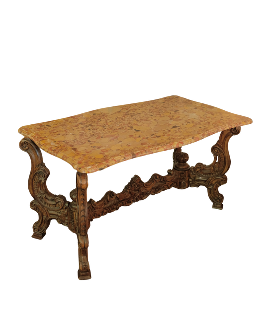 BEVELLED MARBLE DINING TABLE w. HAND CARVED BASE