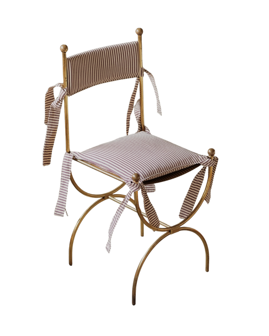 TRIO OF BRASS CURULE CHAIRS w. STRIPED MOIRE SILK CUSHIONS
