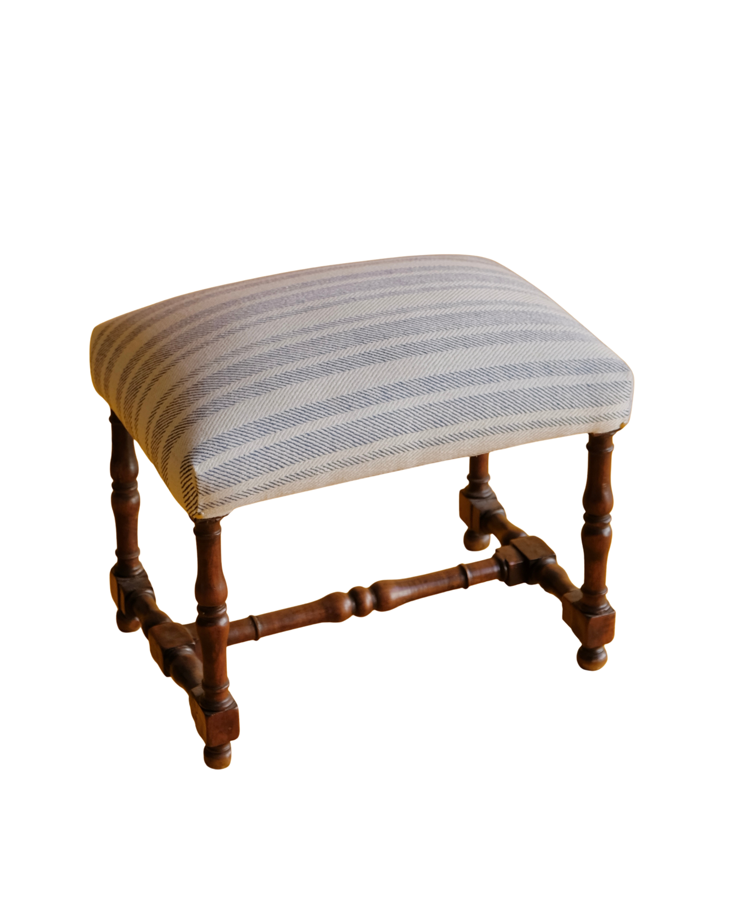 PAIR OF SPANISH WALNUT OTTOMANS w. BLUE STRIPE UPHOLSTERY