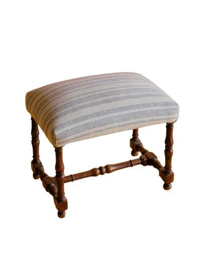 PAIR OF SPANISH WALNUT OTTOMANS w. BLUE STRIPE UPHOLSTERY