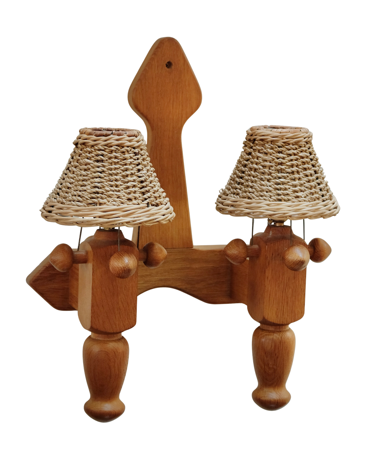 FRENCH OAK TWIN ARM WALL SCONCE w. WOVEN SHADE