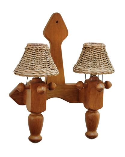 FRENCH OAK TWIN ARM WALL SCONCE w. WOVEN SHADE