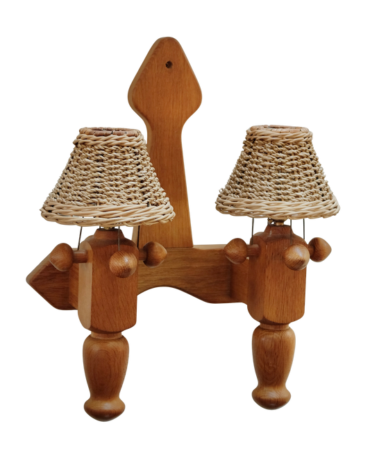 FRENCH OAK TWIN ARM WALL SCONCE w. WOVEN SHADE
