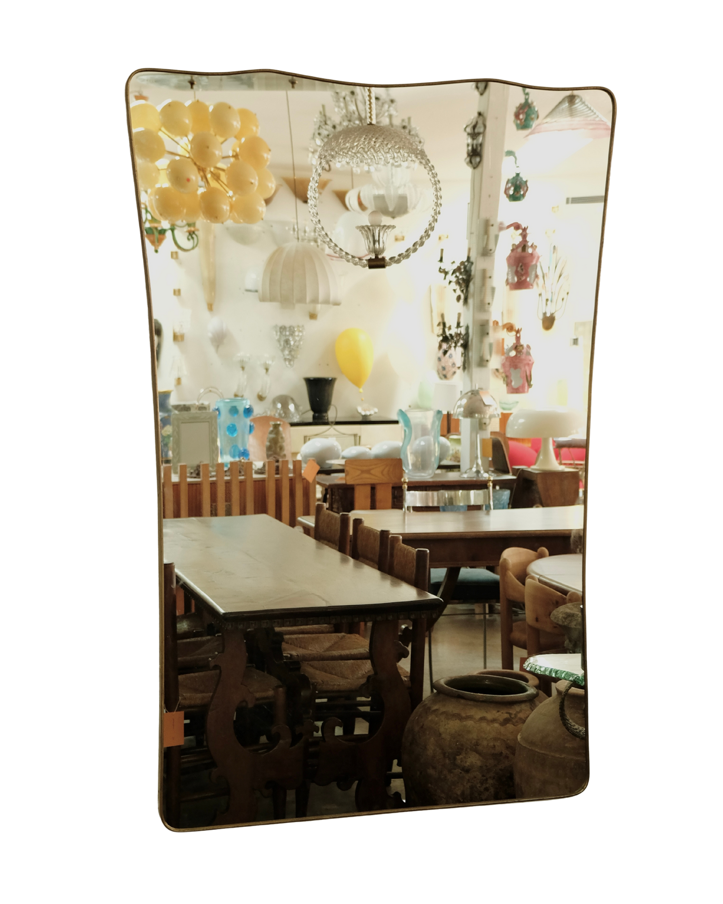 PAIR OF TAPERED BRASS FULL LENGTH CURVED MIRRORS