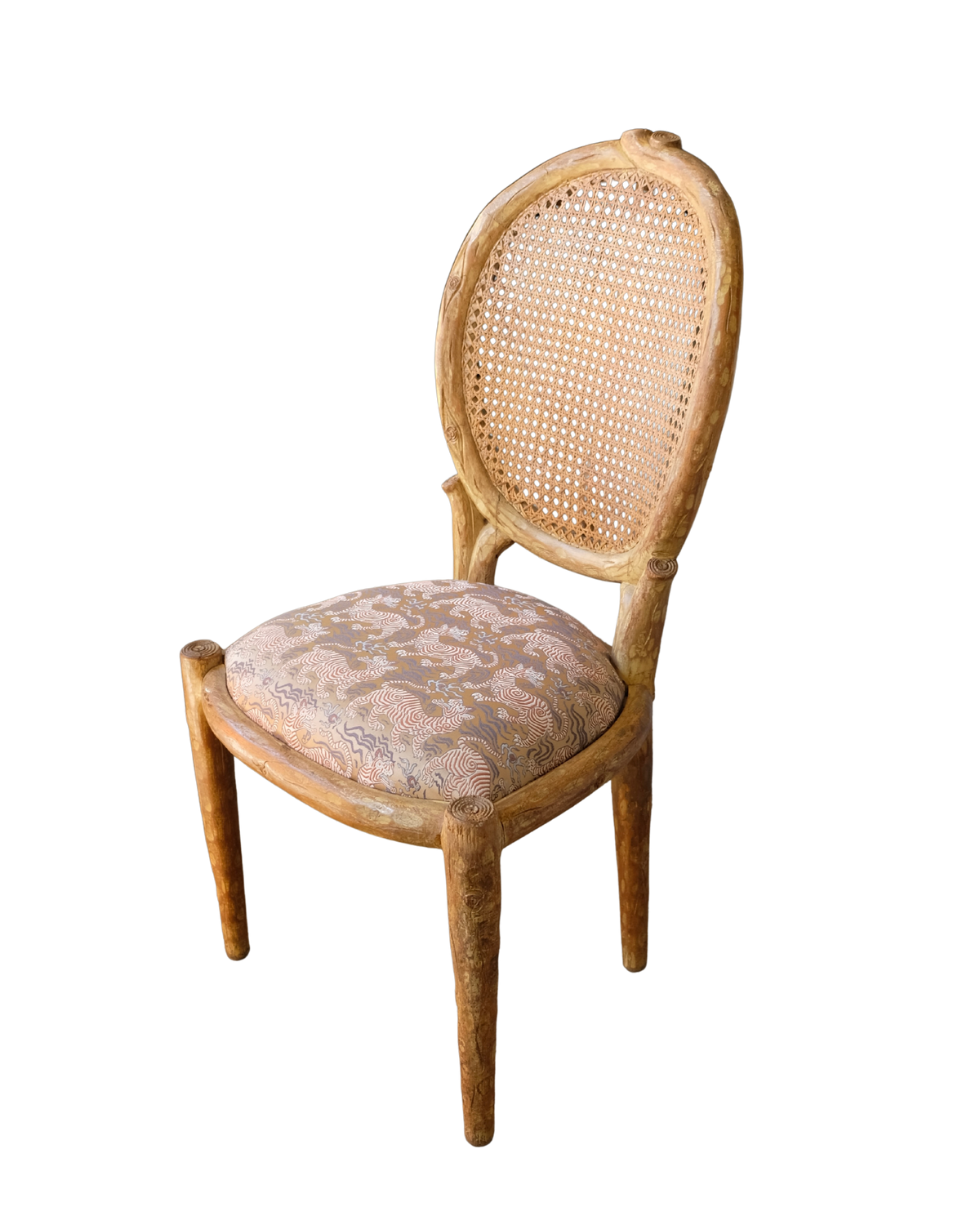 SET OF FOUR FRENCH BOIS TRUNK CHAIRS w. PETITE TIBET UPHOLSTERY