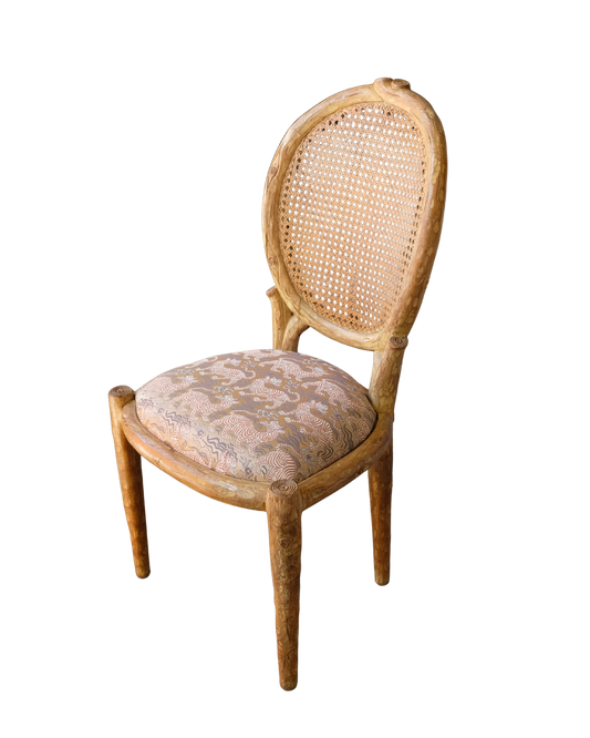 SET OF FOUR FRENCH BOIS TRUNK CHAIRS w. PETITE TIBET UPHOLSTERY