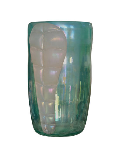 GREEN IRIDESCENT MURANO GLASS VASE w. TWIN LEAF DETAIL