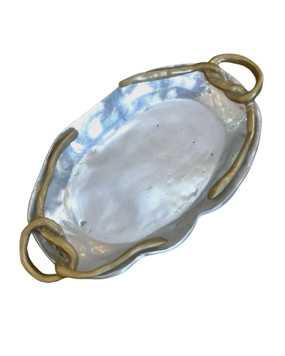 SMALL CAST ALUMINIUM TRAY w. TWISTED BRASS HANDLES