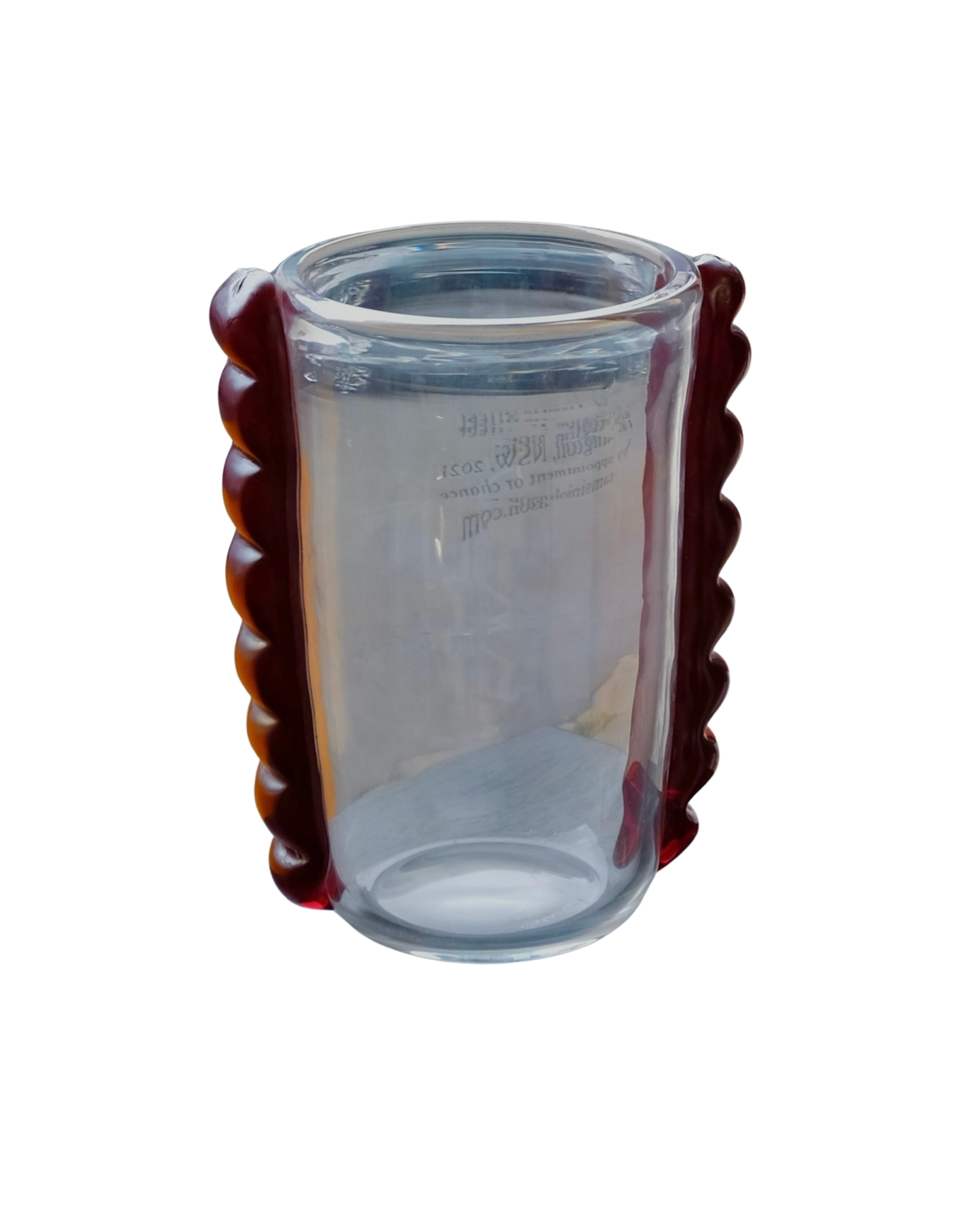 CLEAR MURANO VASE w. RED SCALLOPED DETAIL