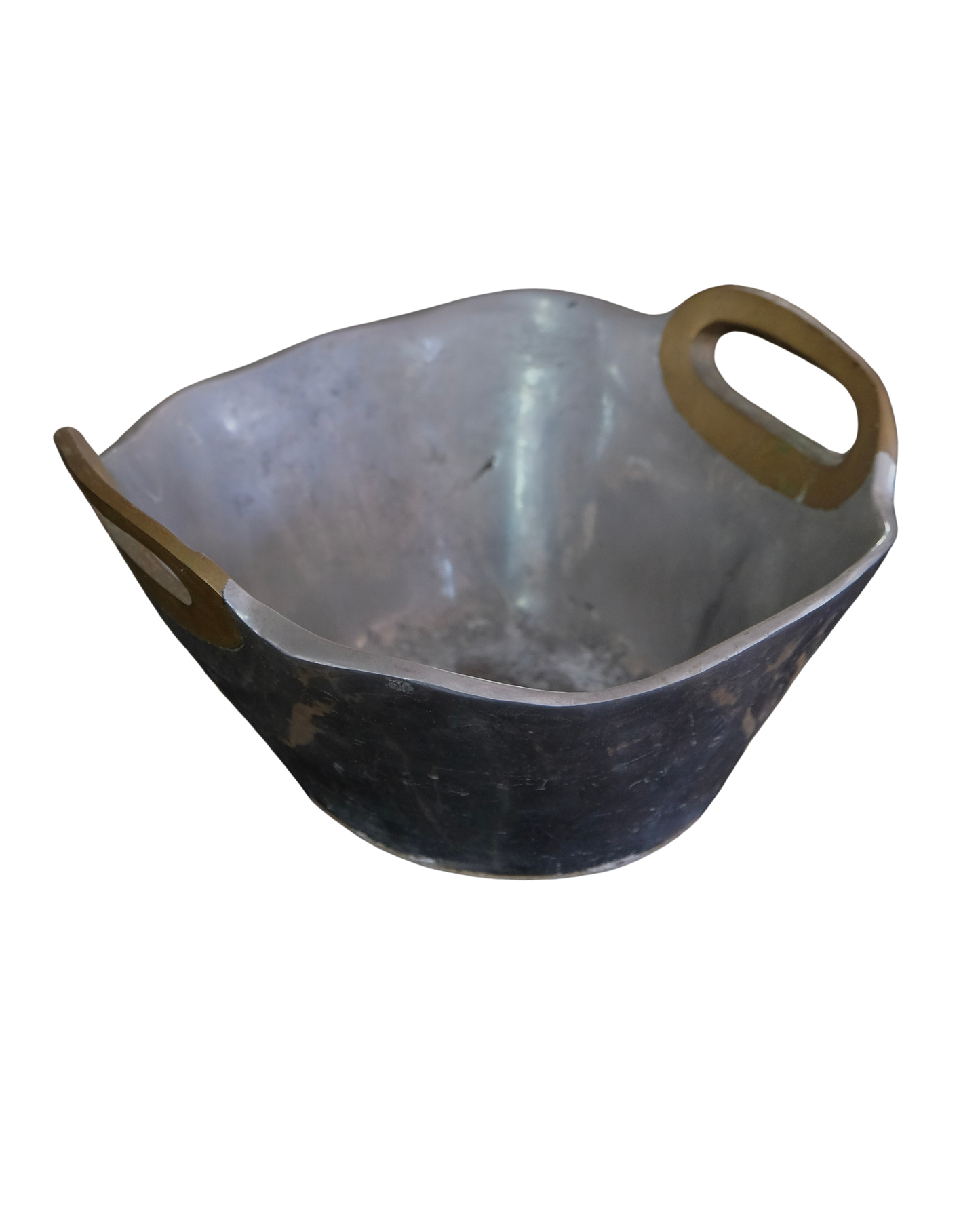 SMALL ABSTRACT CAST ALUMINIUM BUCKET w. BRASS HANDLES