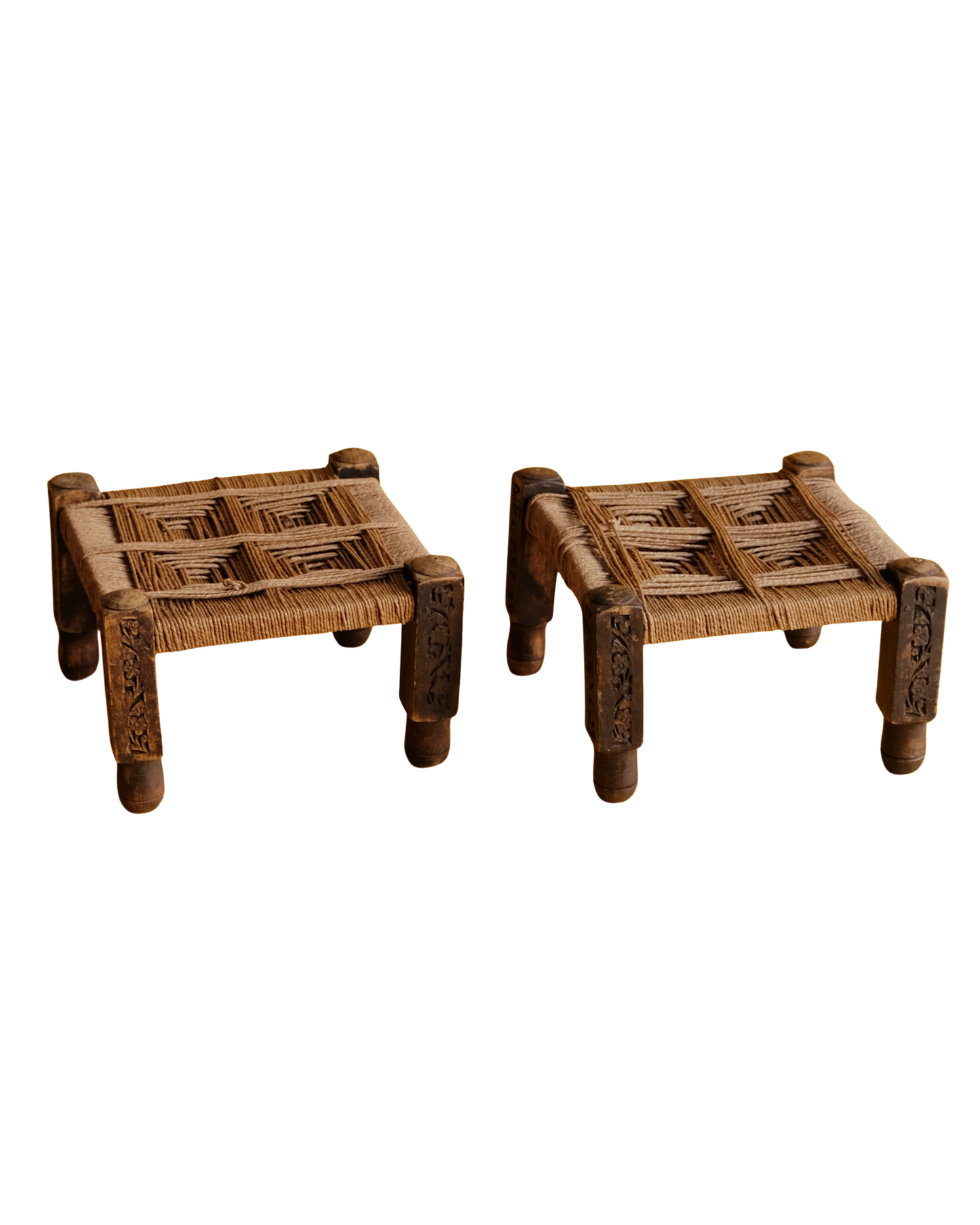PAIR OF FRENCH HANDMADE WOVEN ROPE STOOLS