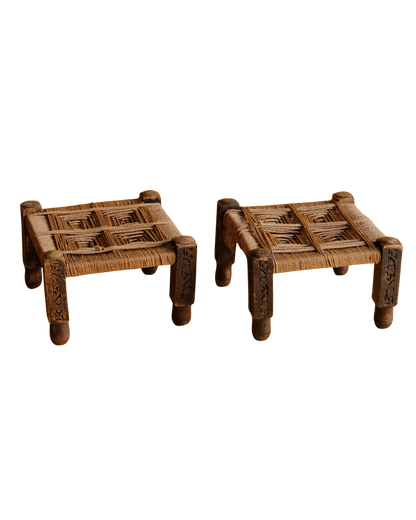 PAIR OF FRENCH HANDMADE WOVEN ROPE STOOLS